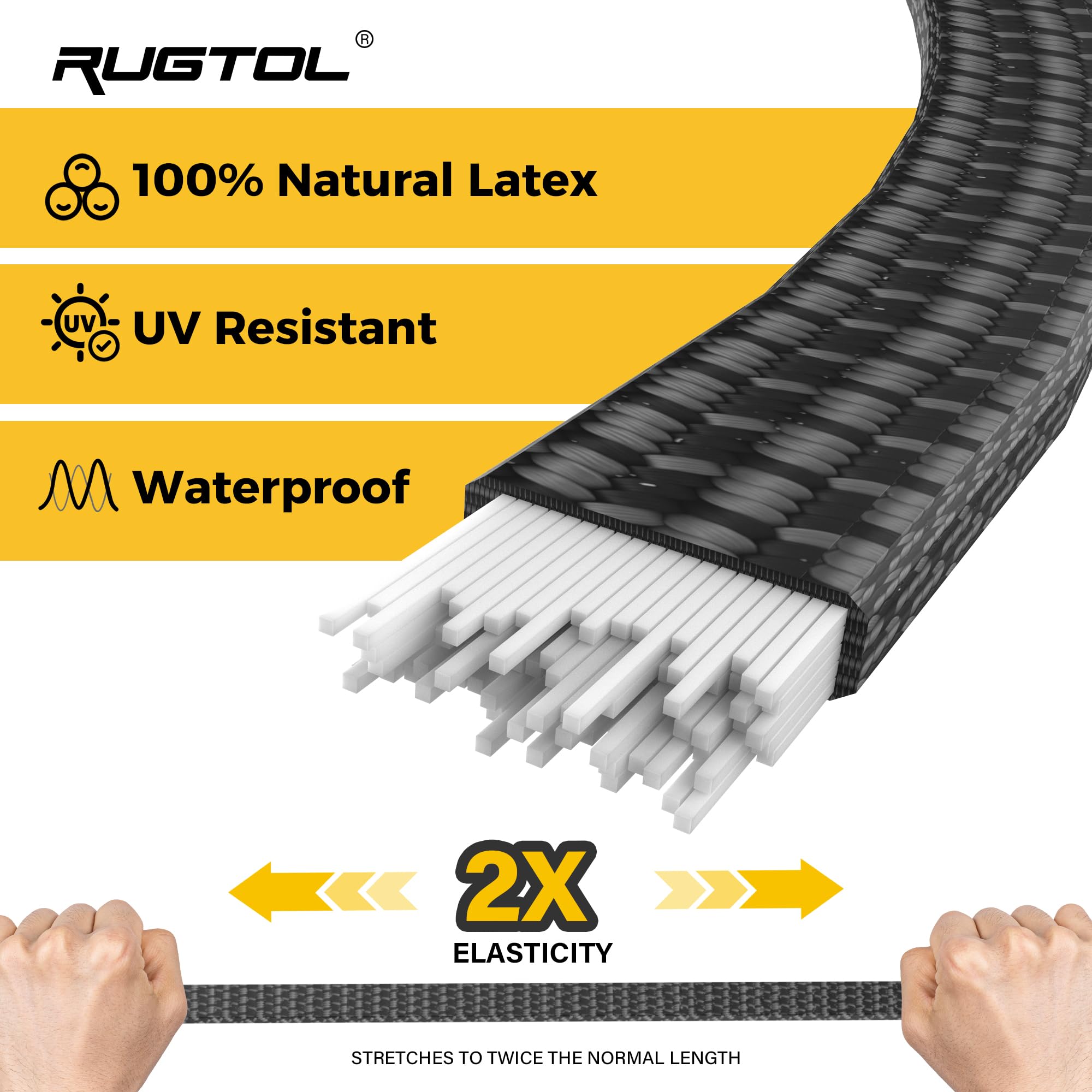 Rugtol latex-core bungee offers high elasticity for tarp or bike racks.