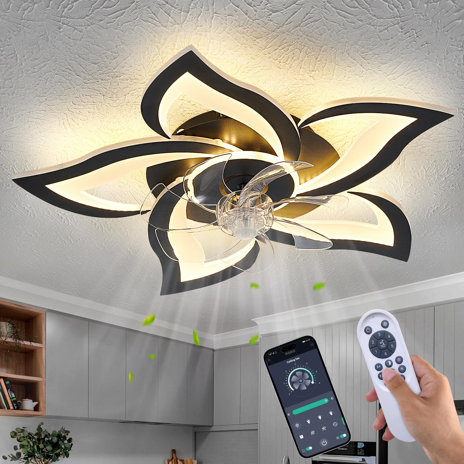 Ruibutrade black flower ceiling fan with light enhances ambient living space.