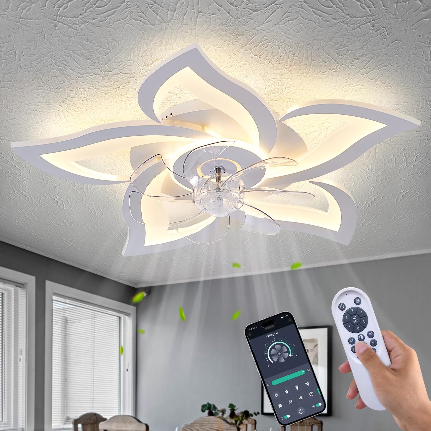 Ruibutrade White Flower Ceiling Fan with LED light ideal for cozy bedrooms and soft task lighting.