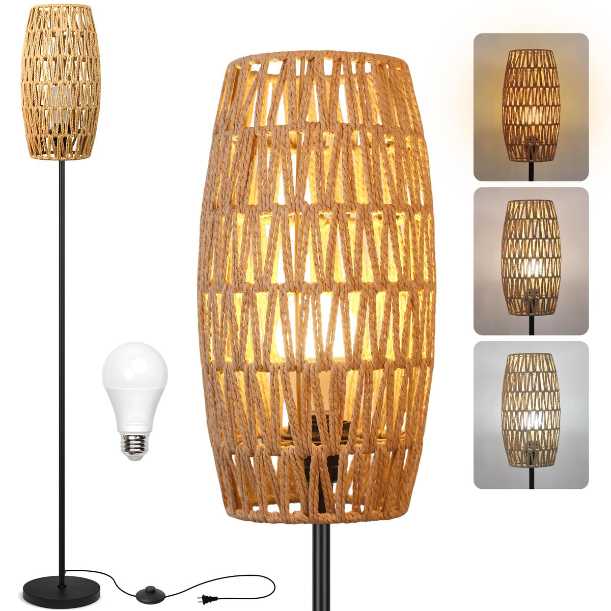 Ruiever floor lamp with drum rattan shade and black base for warm living room lighting.