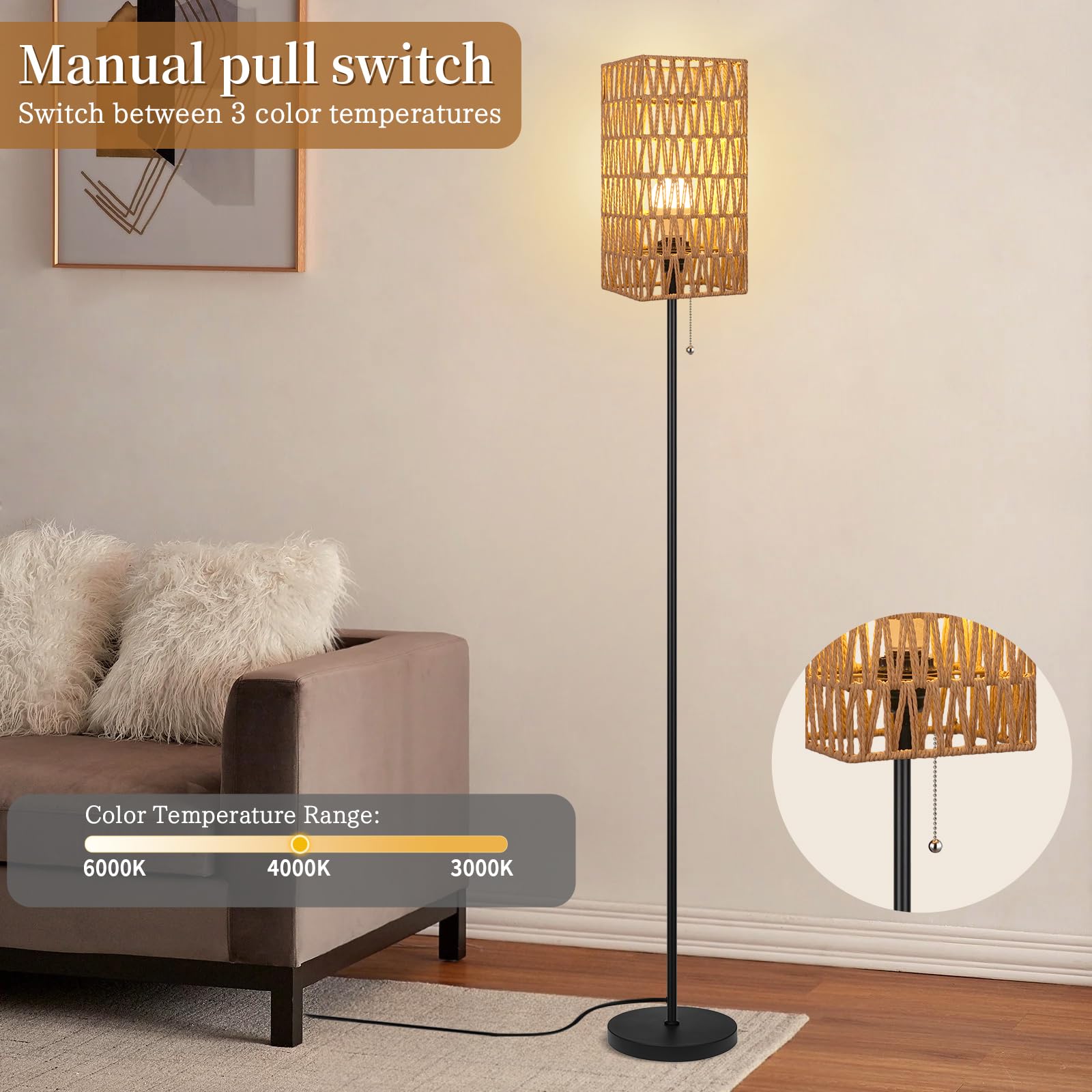 Ruiever floor lamp in living room creates inviting ambience.