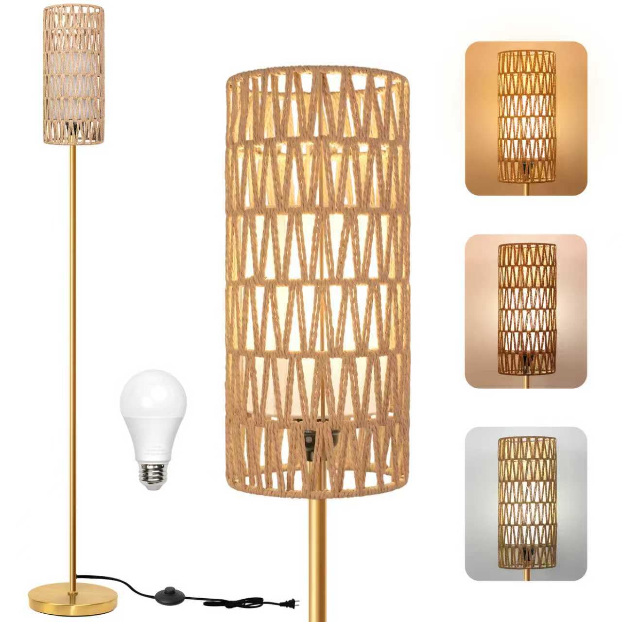 Ruiever floor lamp with round rattan shade over gold base, ideal for warm living room lighting