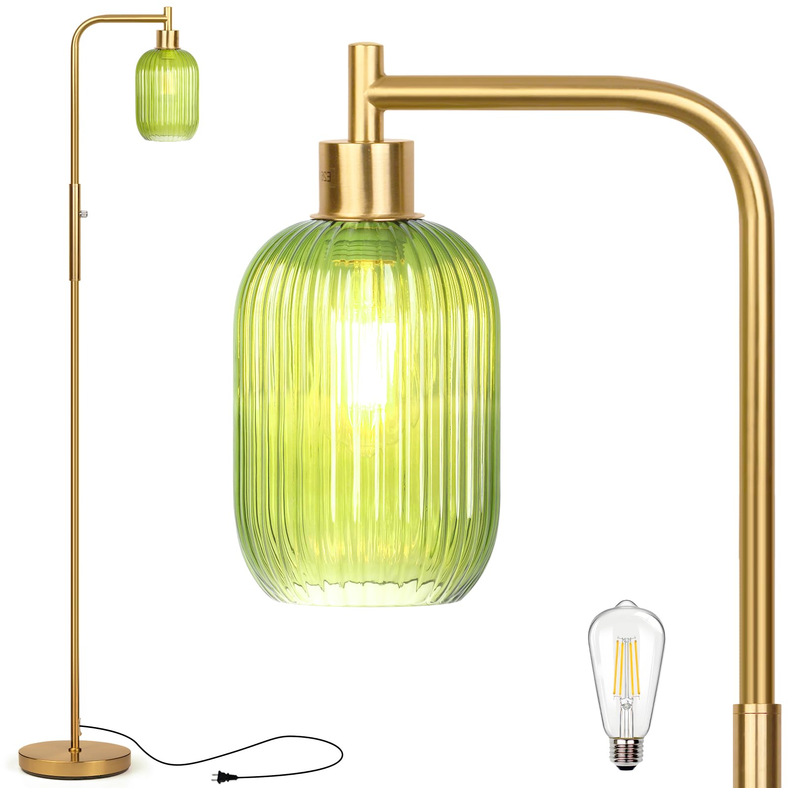 Ruiever glass floor lamp with green ribbed shade for ambient living room lighting.