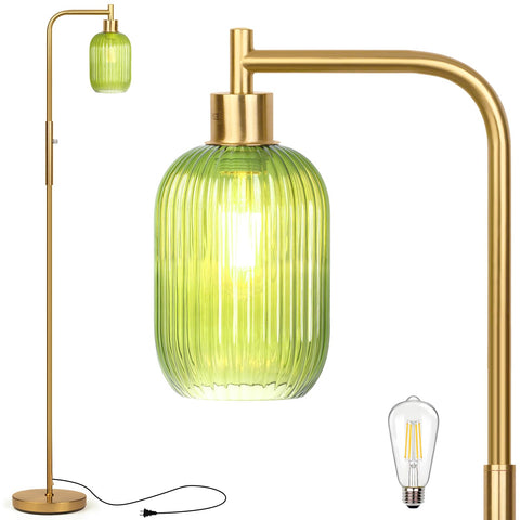 Ruiever glass floor lamp with green ribbed shade for ambient living room lighting.