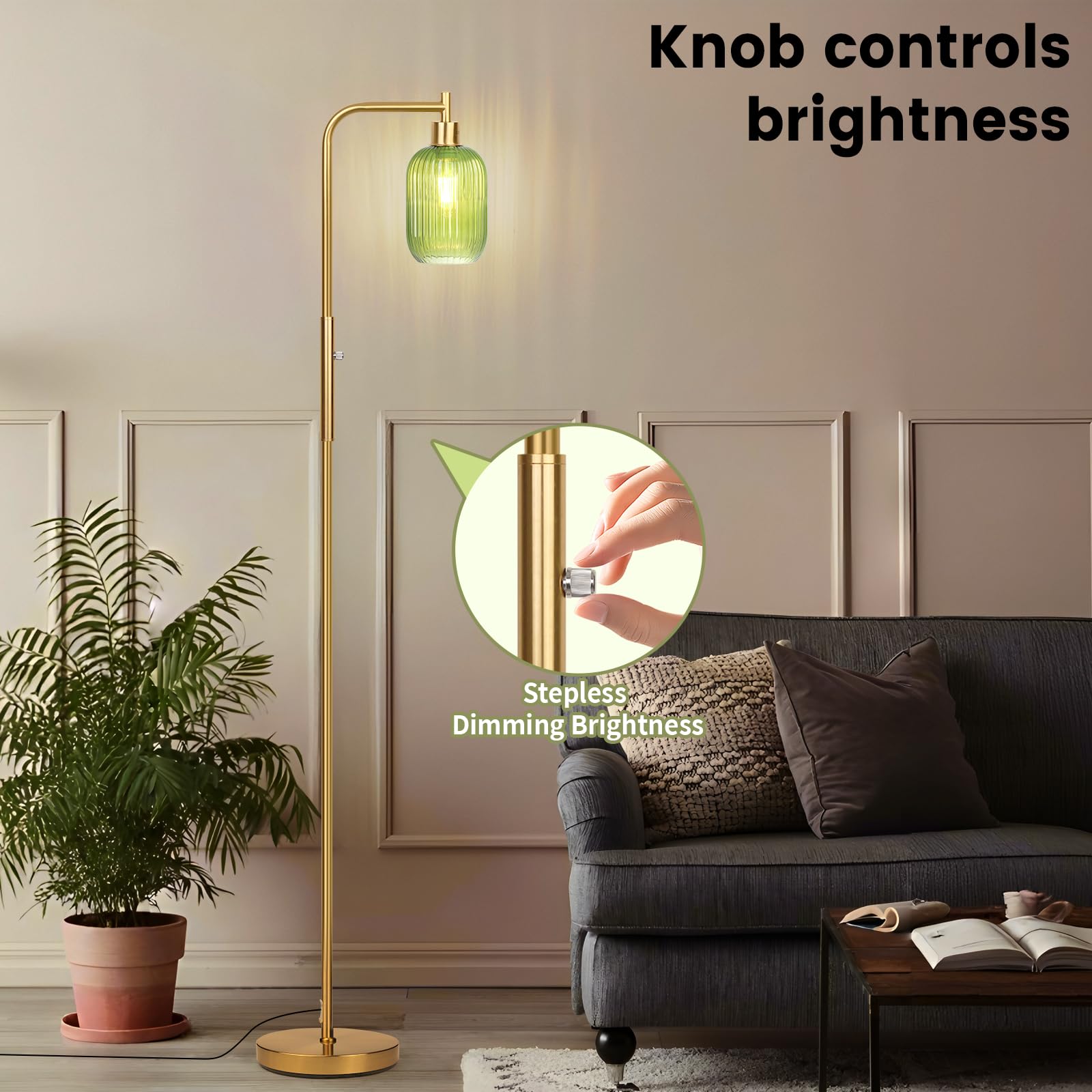 Ruiever green glass shade creates a warm, inviting glow.