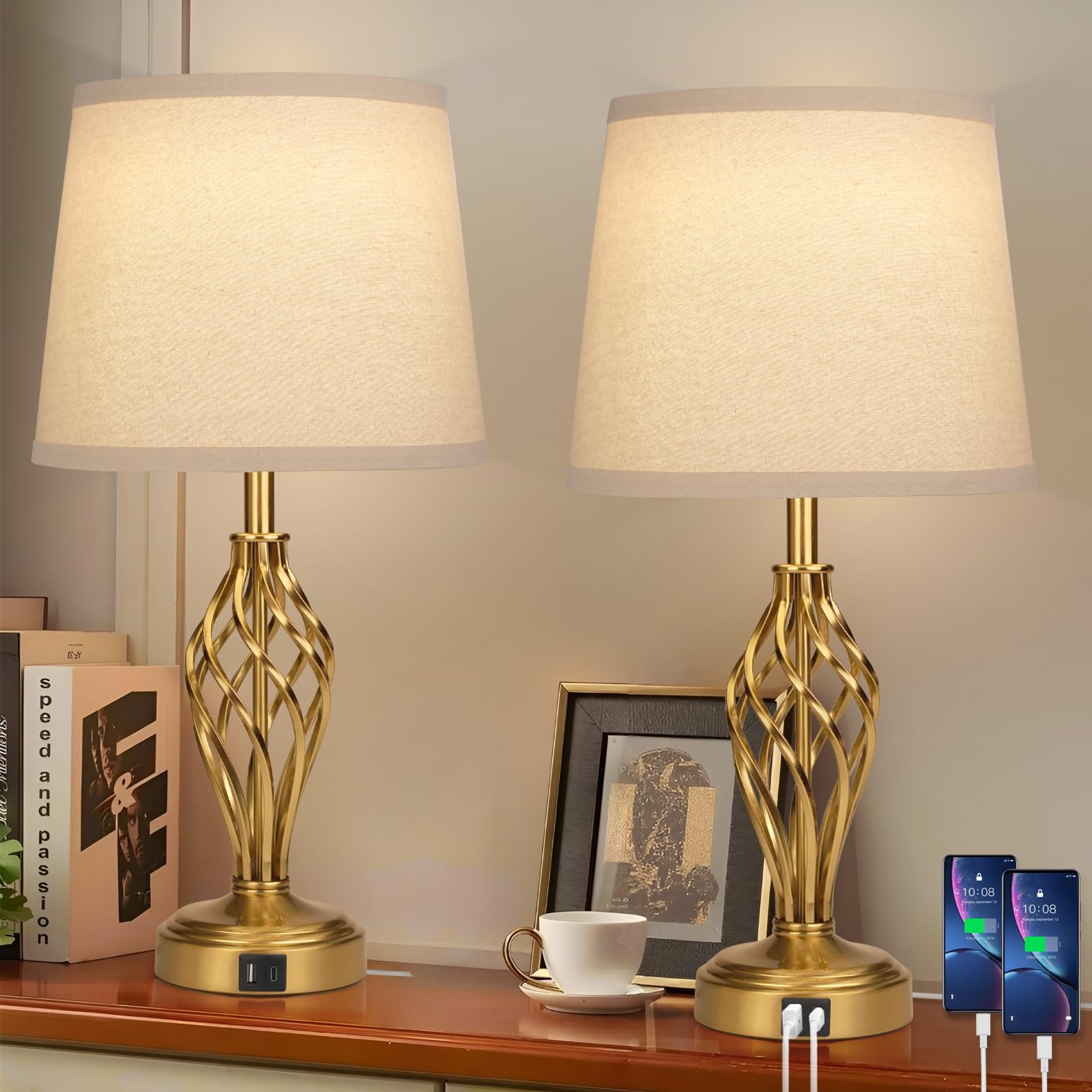 Ruiever Touch Table Lamps with gold cage base illuminate bedside spaces