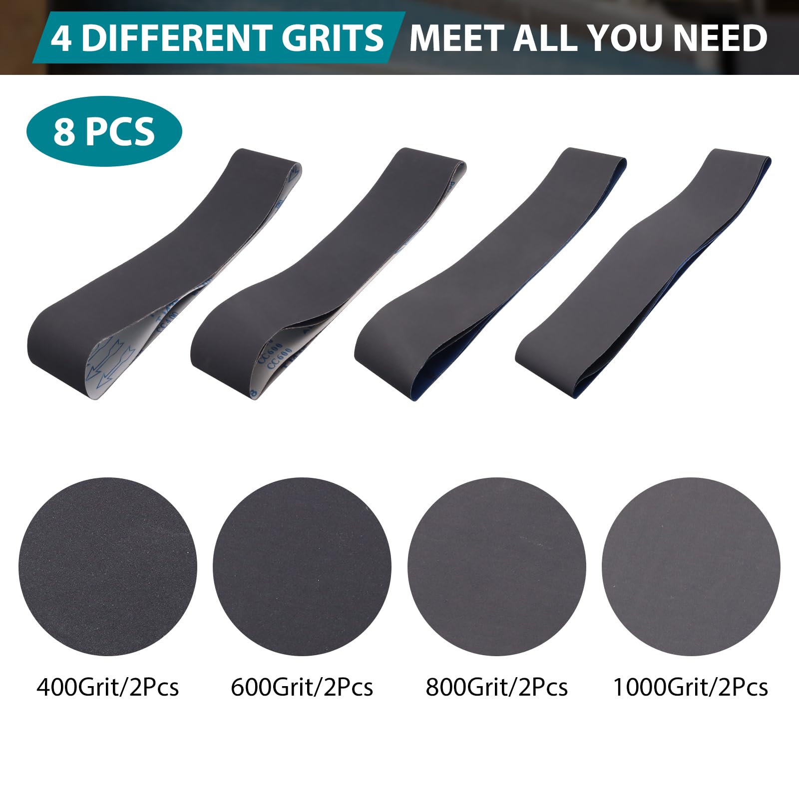 RUIHONGV 8-pack 800 grit belts for smoothing wood and metal surfaces.