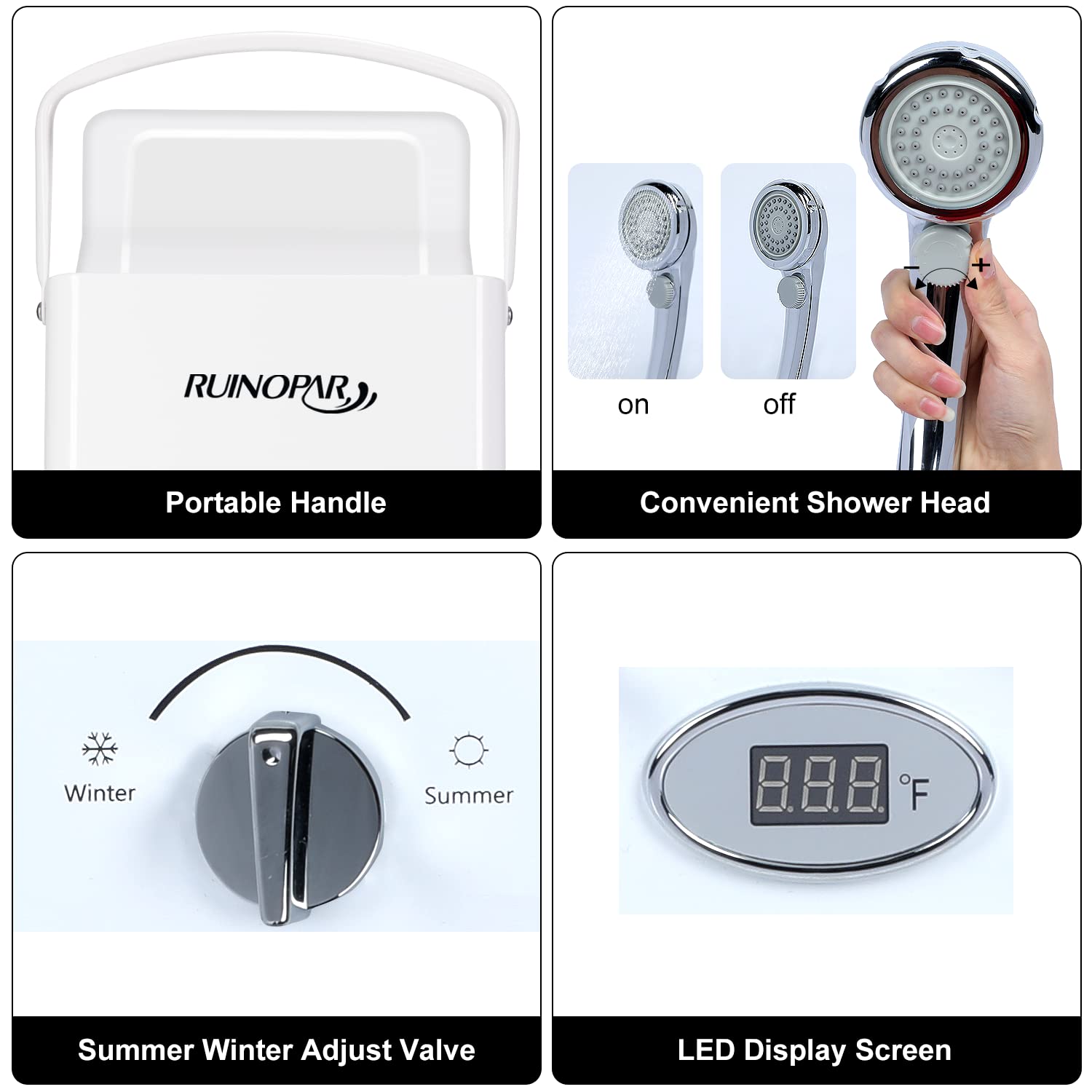 RUINOPAR outdoor shower heater delivers hot water by the beach or boat.