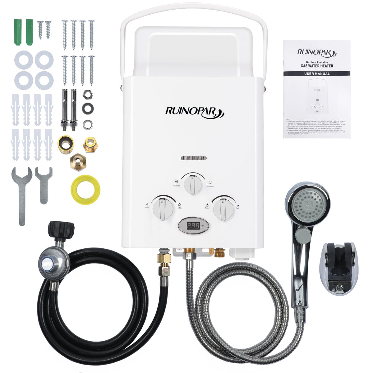 RUINOPAR portable water heater with digital display provides on-demand hot water outdoors.