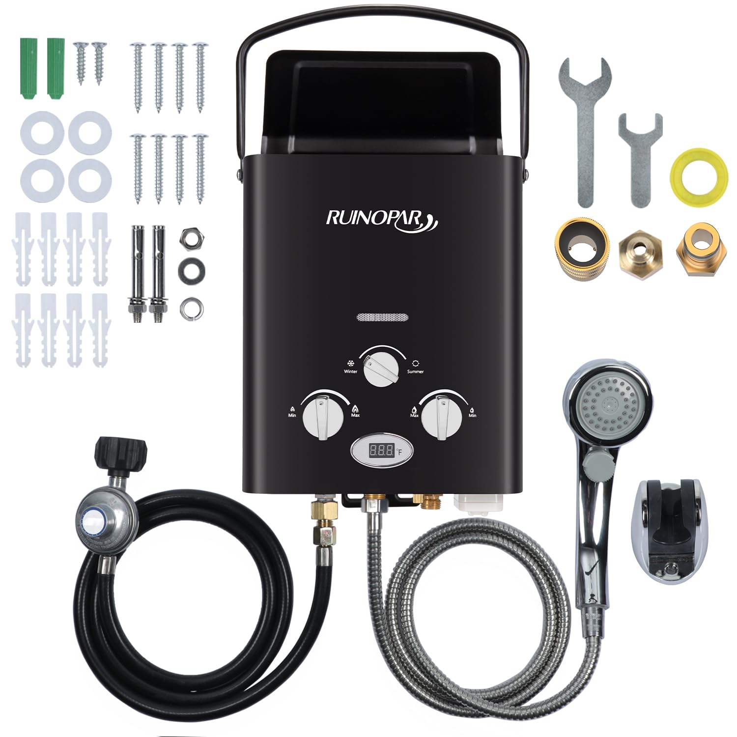 RUINOPAR portable water heater with display showing heat and temperature control