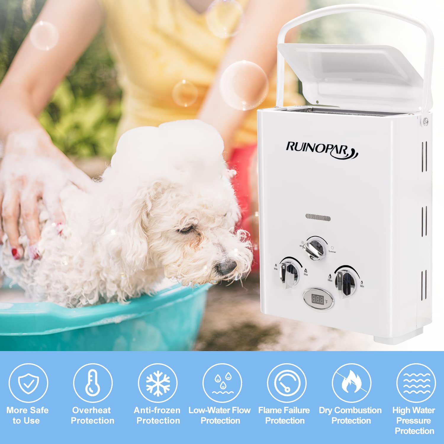 RUINOPAR propane tankless heater with compact design saves space during camping.