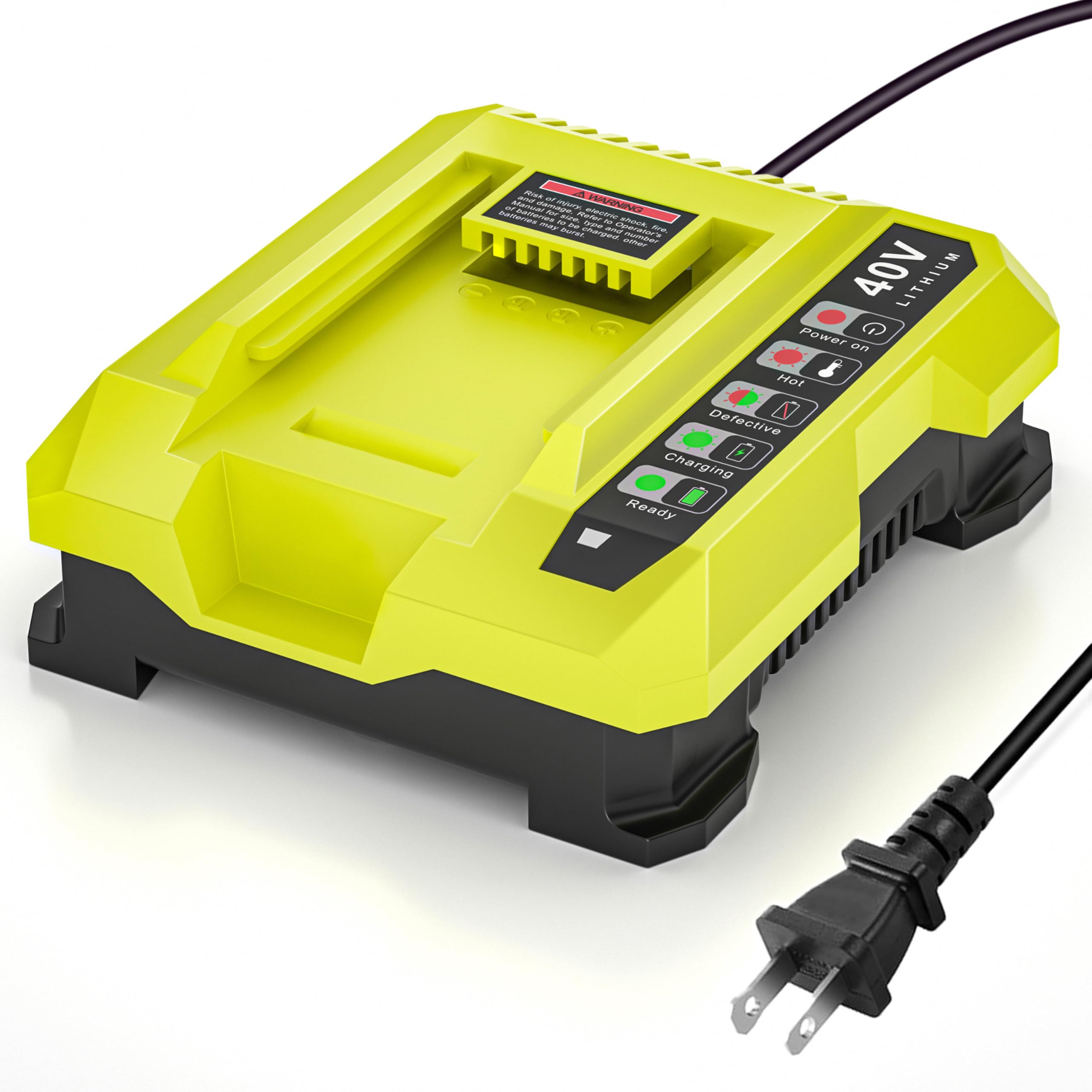 RUIQIU 40V charger front view showing compact design for Ryobi batteries