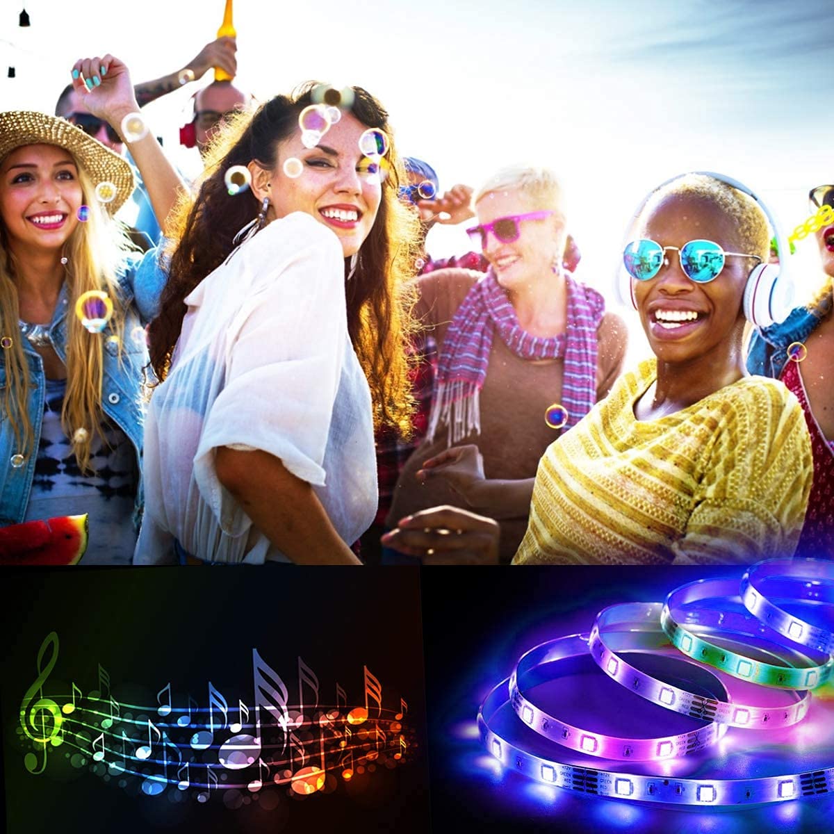 RUISHINE multiroom LED strip in bedroom, living room, and kitchen setups