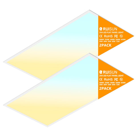 RUISUN 2x4 LED panel front view, bright, energy-efficient office lighting.