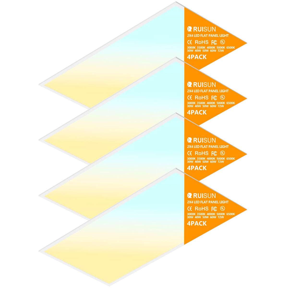 RUISUN 4-pack 2x4 LED panel front view showing sleek office lighting.