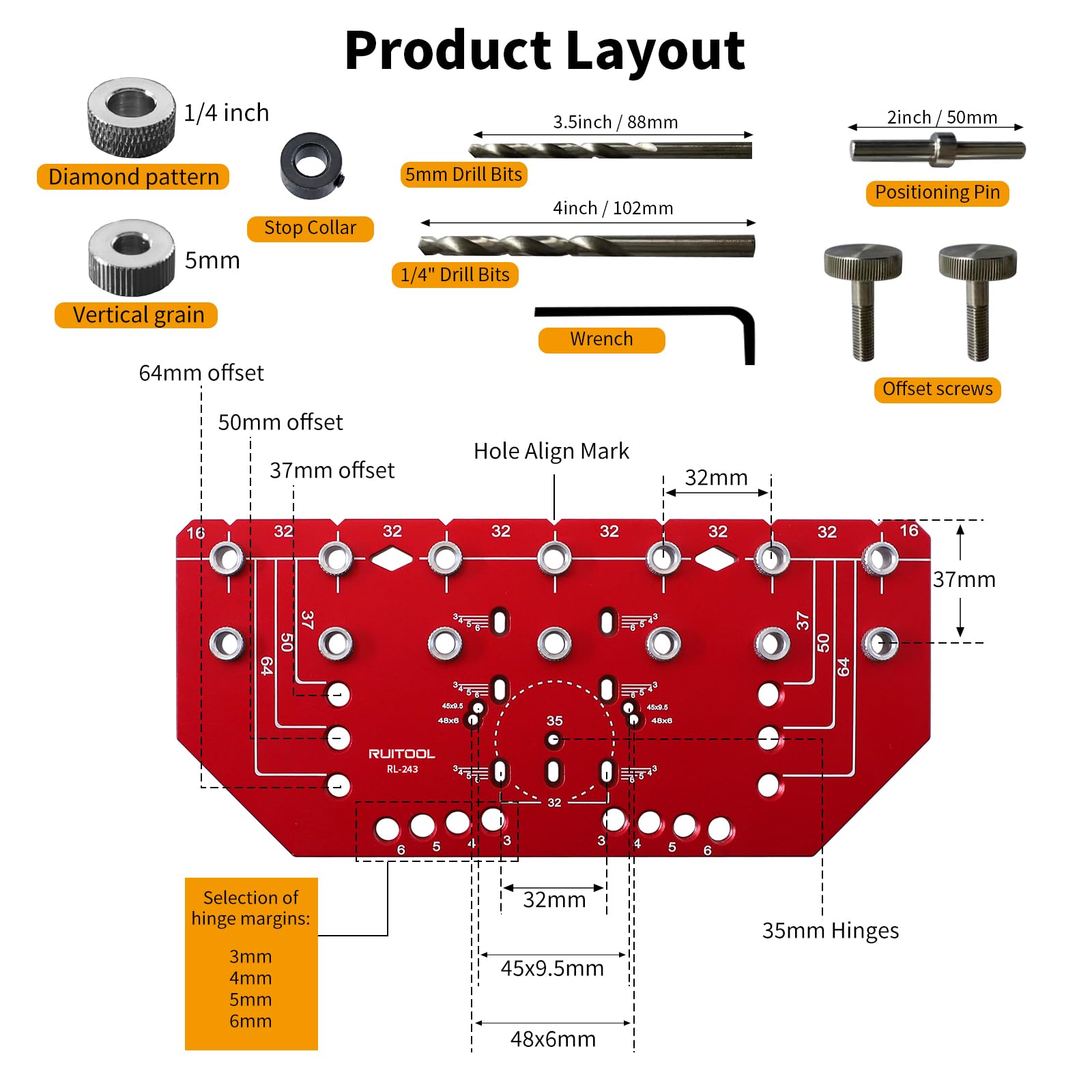 RUITOOL edge-distance settings shown for multiple shelf layouts.