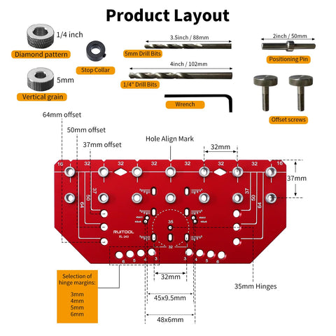 RUITOOL edge-distance settings shown for multiple shelf layouts.