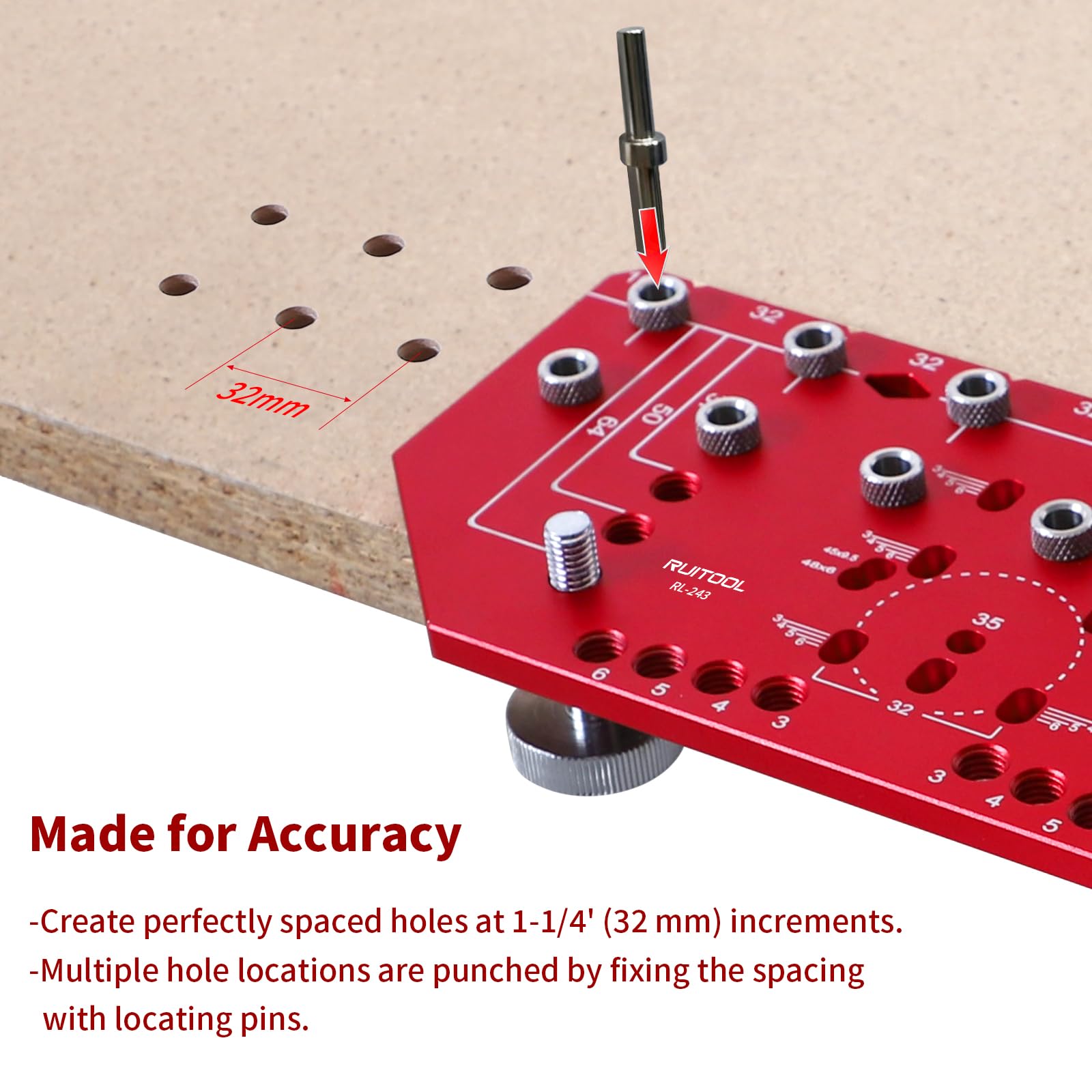 RUITOOL positioning pin in place, aiding repeatable hole drilling.