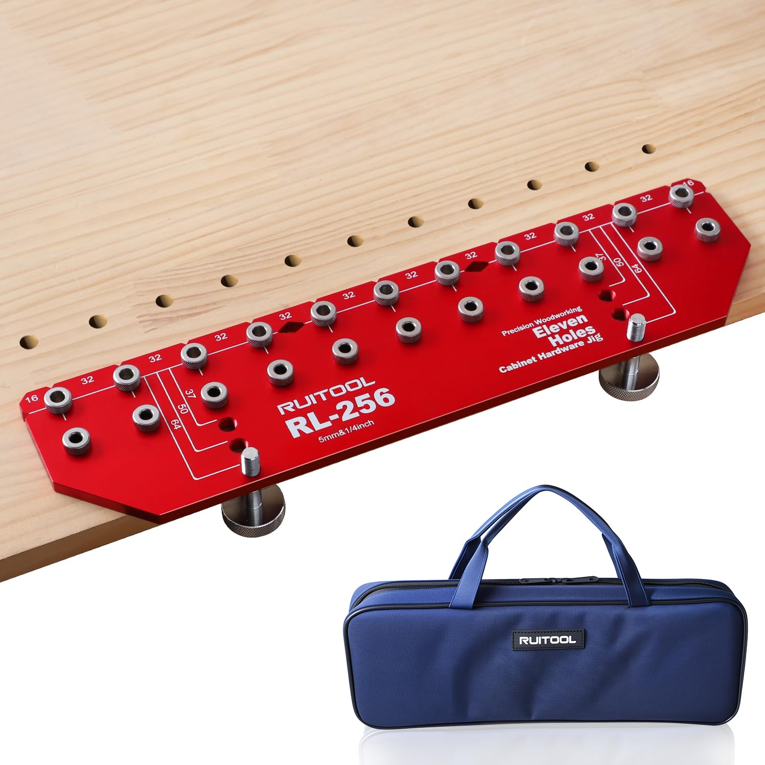 RUITOOL shelf pin jig showing 11-hole drilling capability for quick cabinet setup