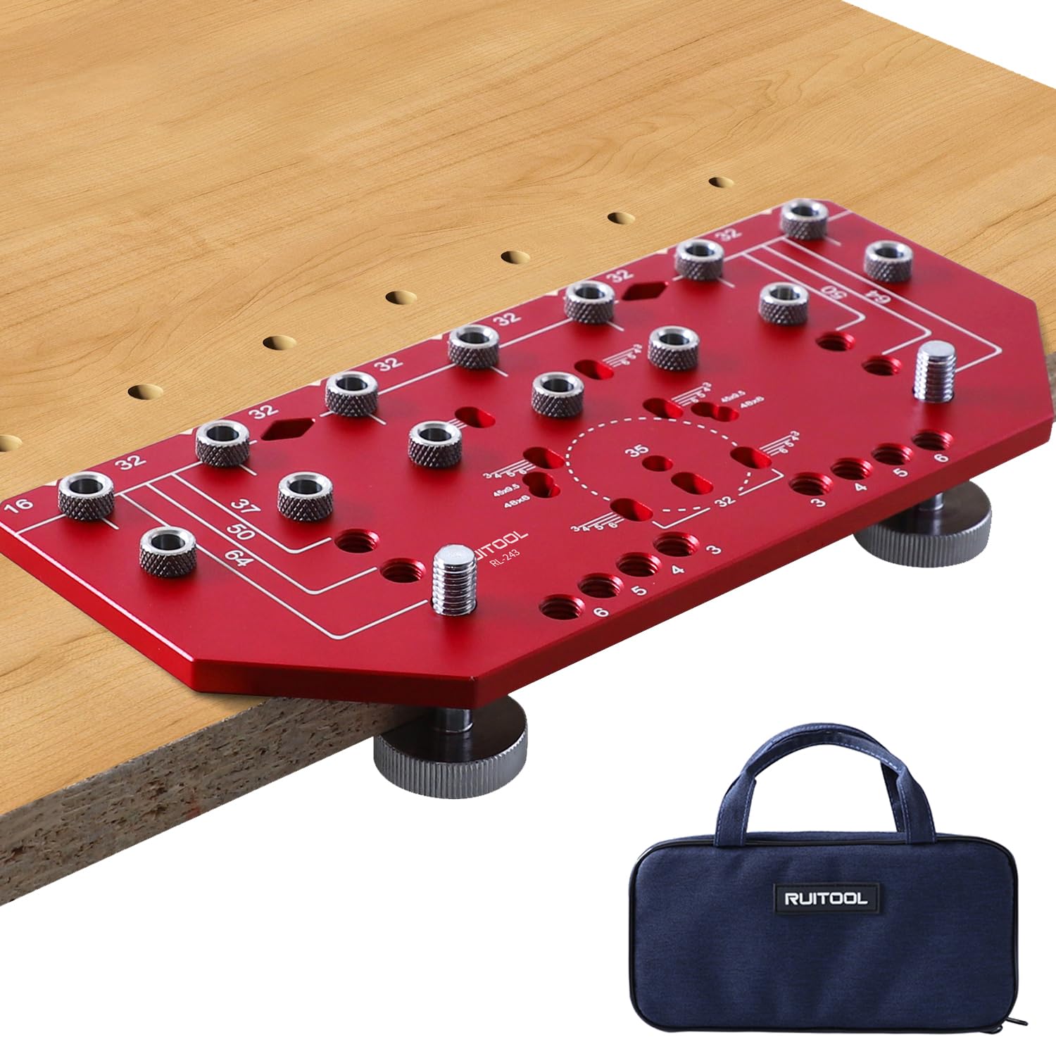 RUITOOL shelf pin jig 2-in-1 in use, enabling quick, accurate cabinet setup.