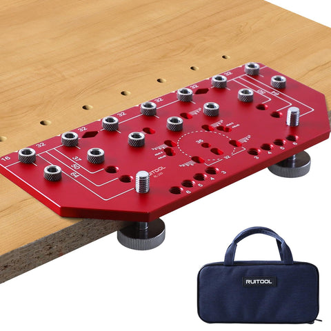 RUITOOL shelf pin jig 2-in-1 in use, enabling quick, accurate cabinet setup.
