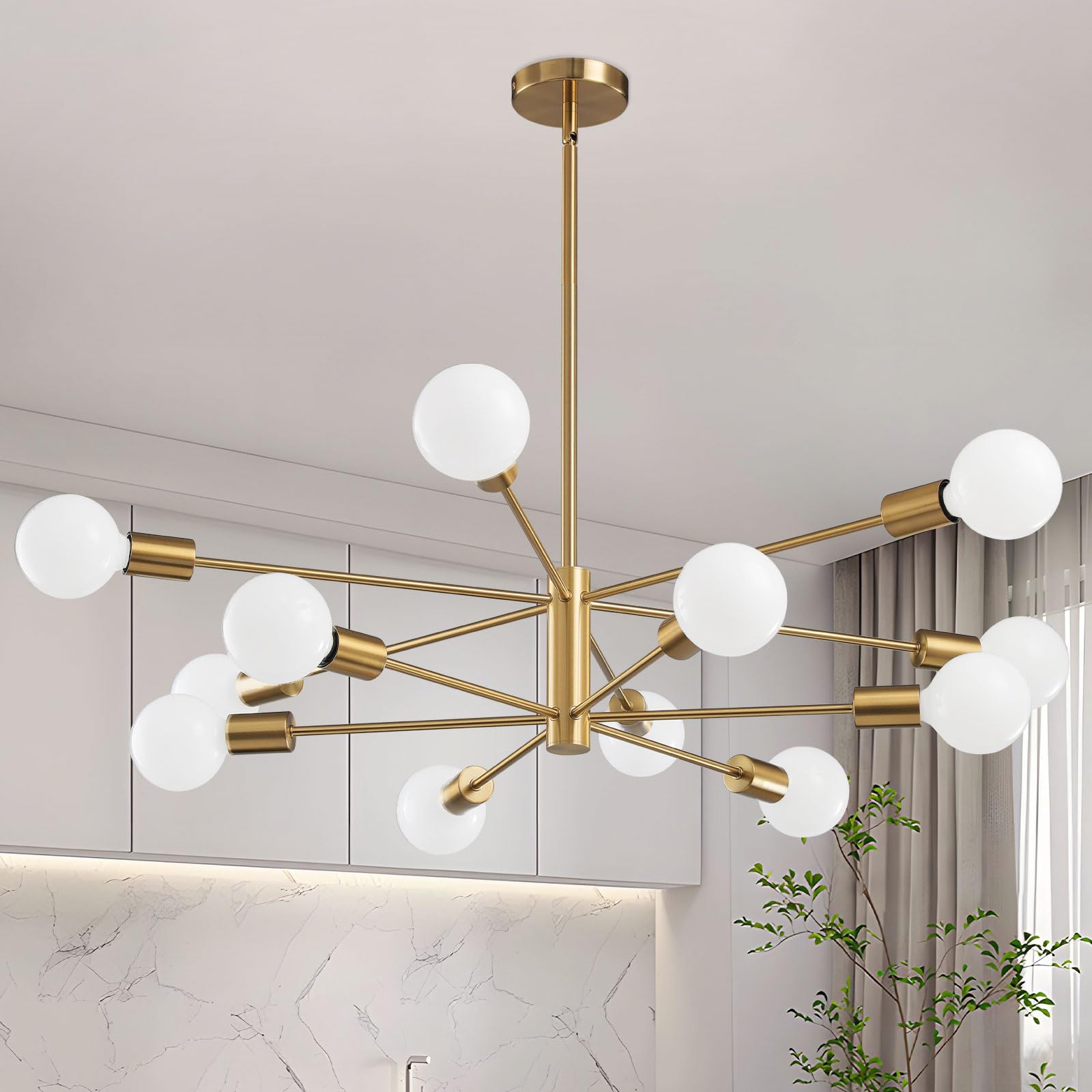 RUIYEY 12-light Sputnik chandelier in gold enhances dining room ambiance.