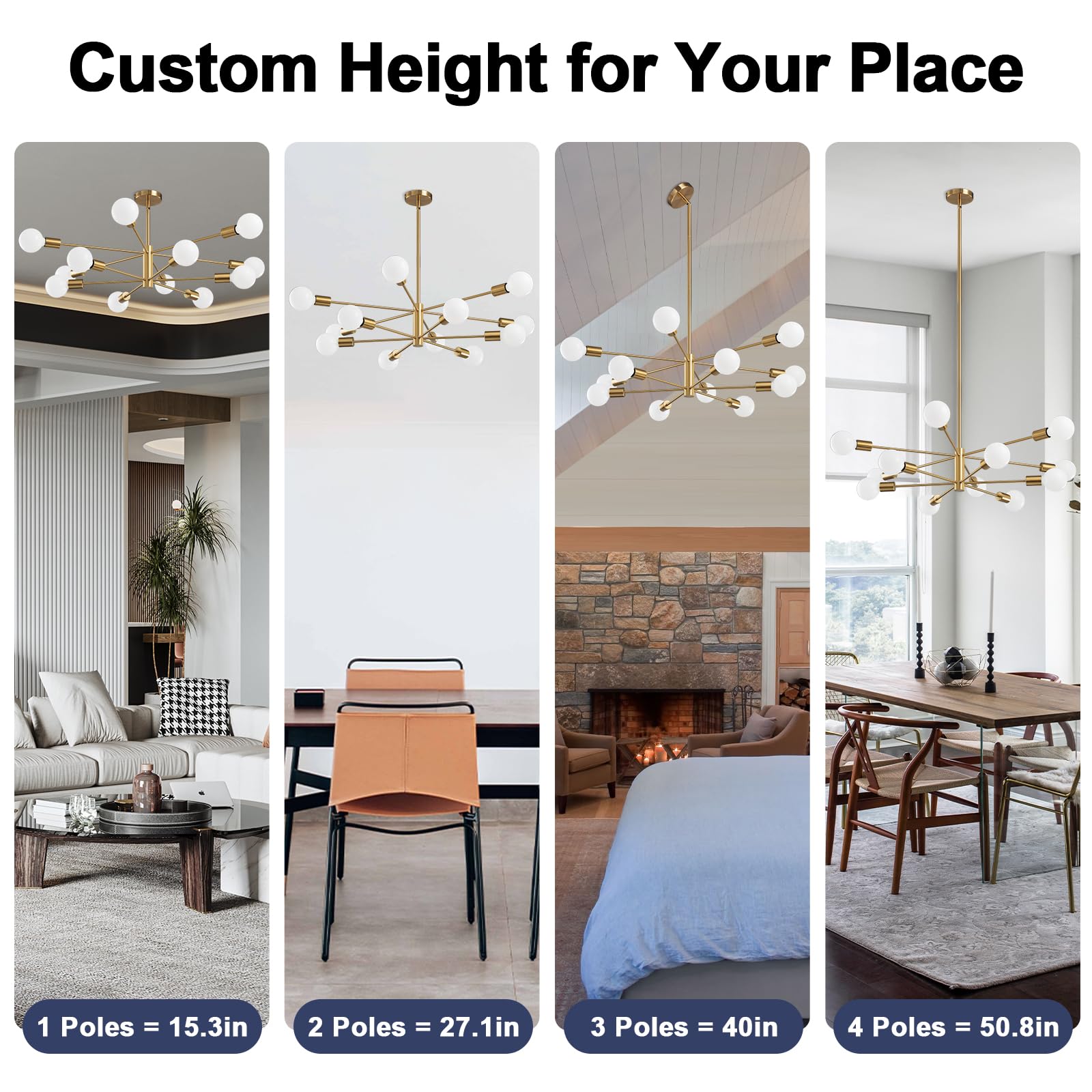 RUIYEY height-adjustable Sputnik chandelier adapts to ceiling height and layout.