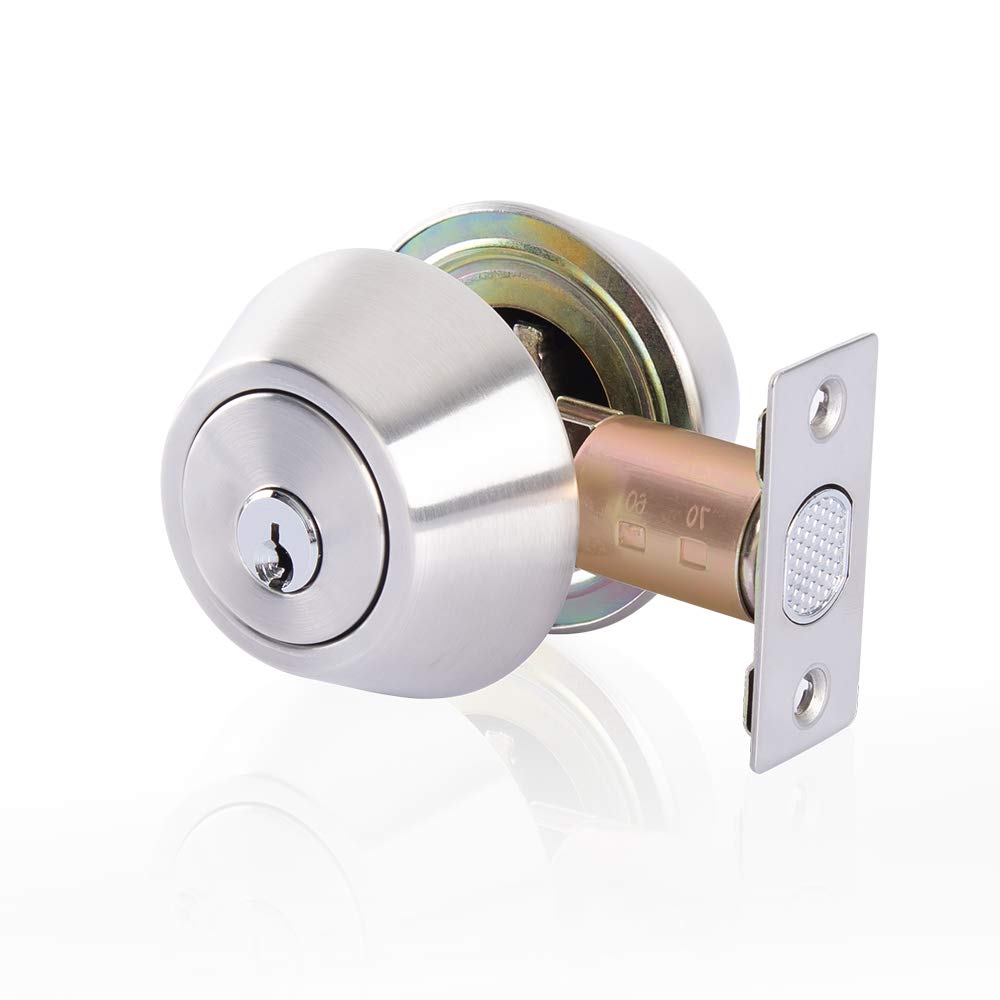 Rulart double keyed deadbolt front view in satin finish enhances entryway security and style