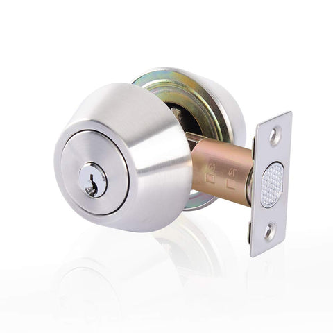 Rulart double keyed deadbolt front view in satin finish enhances entryway security and style