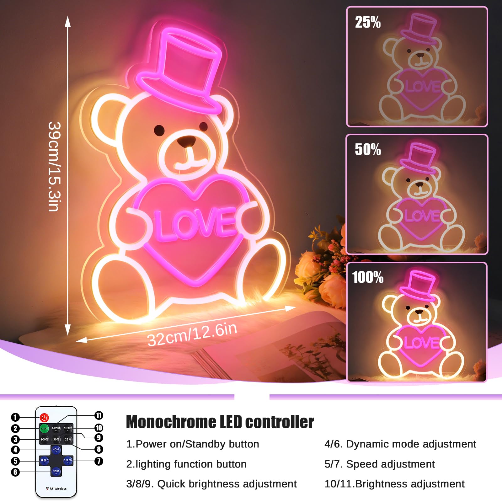 RumonZS bear neon with pink hat and heart adds playful charm to any room.
