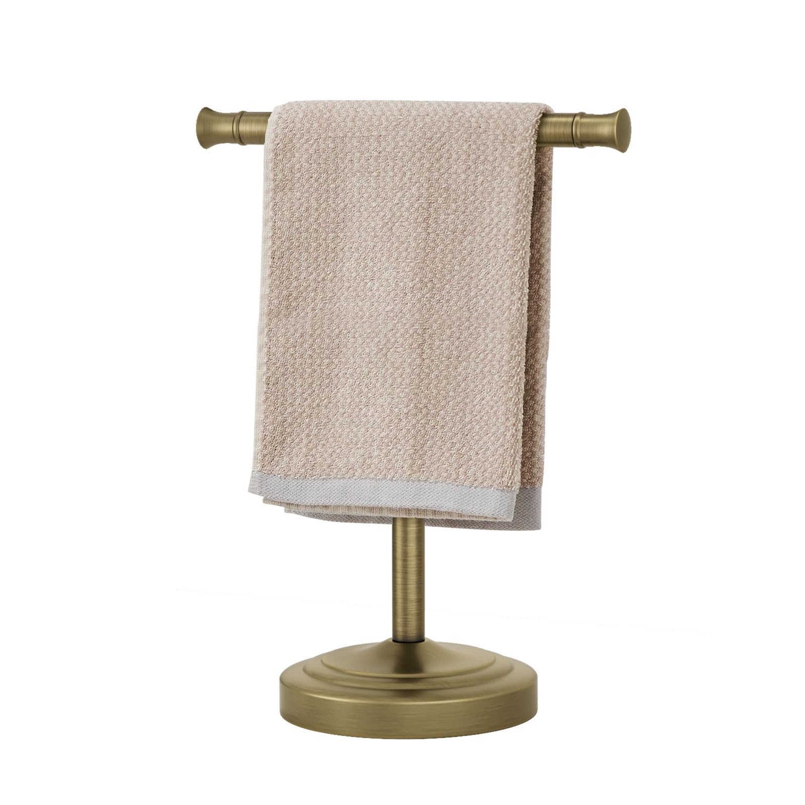 RUMOSE antique brass towel bar stand front view, stylish bathroom organization.
