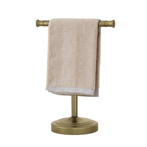RUMOSE antique brass towel bar stand front view, stylish bathroom organization.