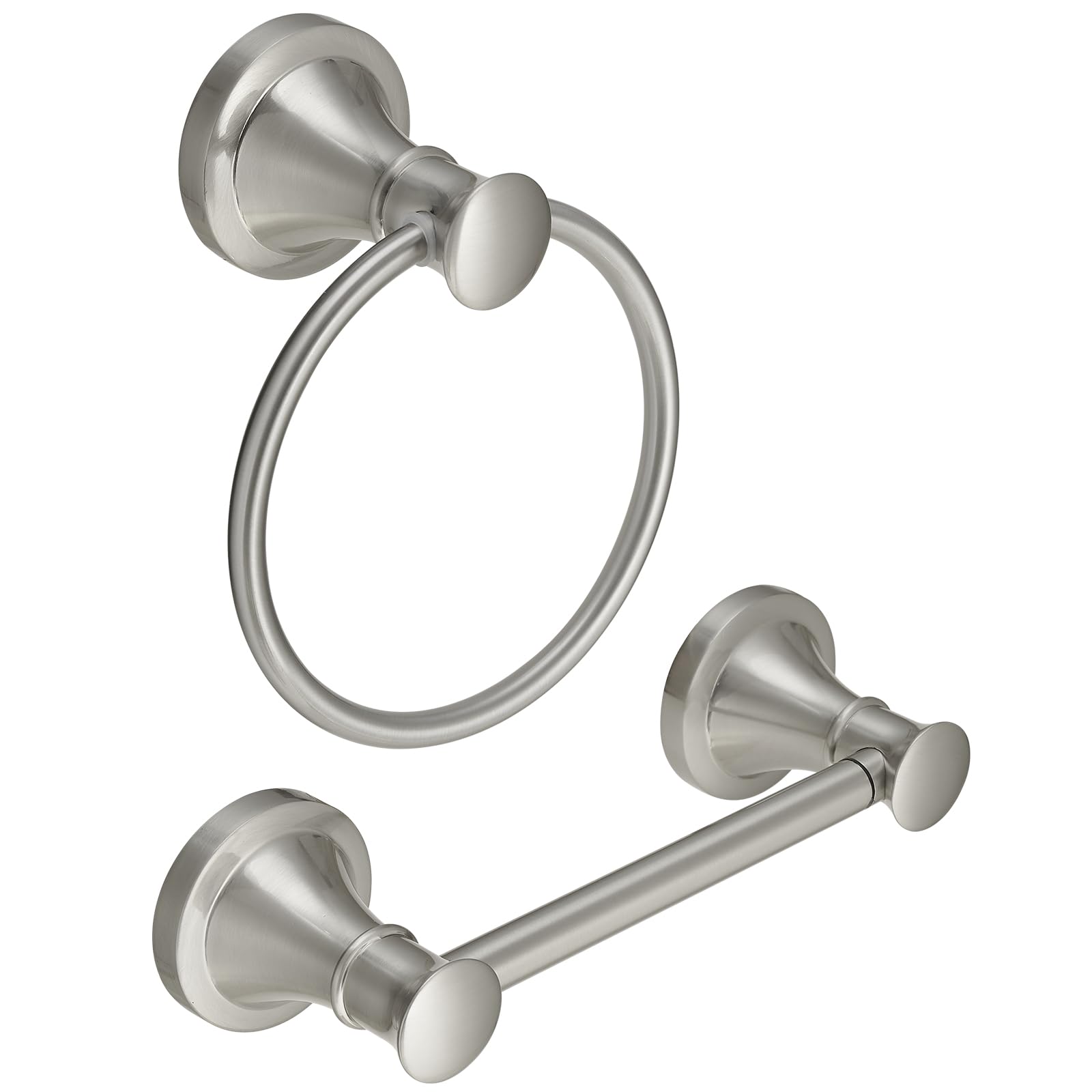 RUMOSE brushed nickel toilet paper holder front view for easy roll changes.