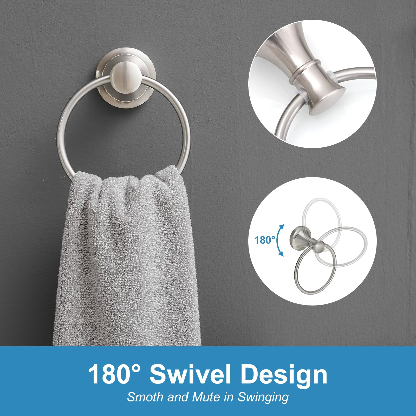 RUMOSE towel ring close-up highlighting 180-degree rotation for versatile hanging.