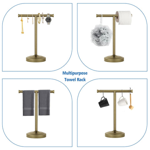 RUMOSE free-standing towel rack in bathroom beside sink for quick drying.