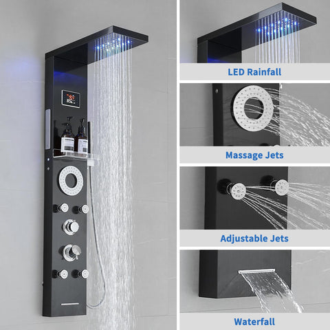 RUMOSE LED rainfall head glows blue for soothing ambience.