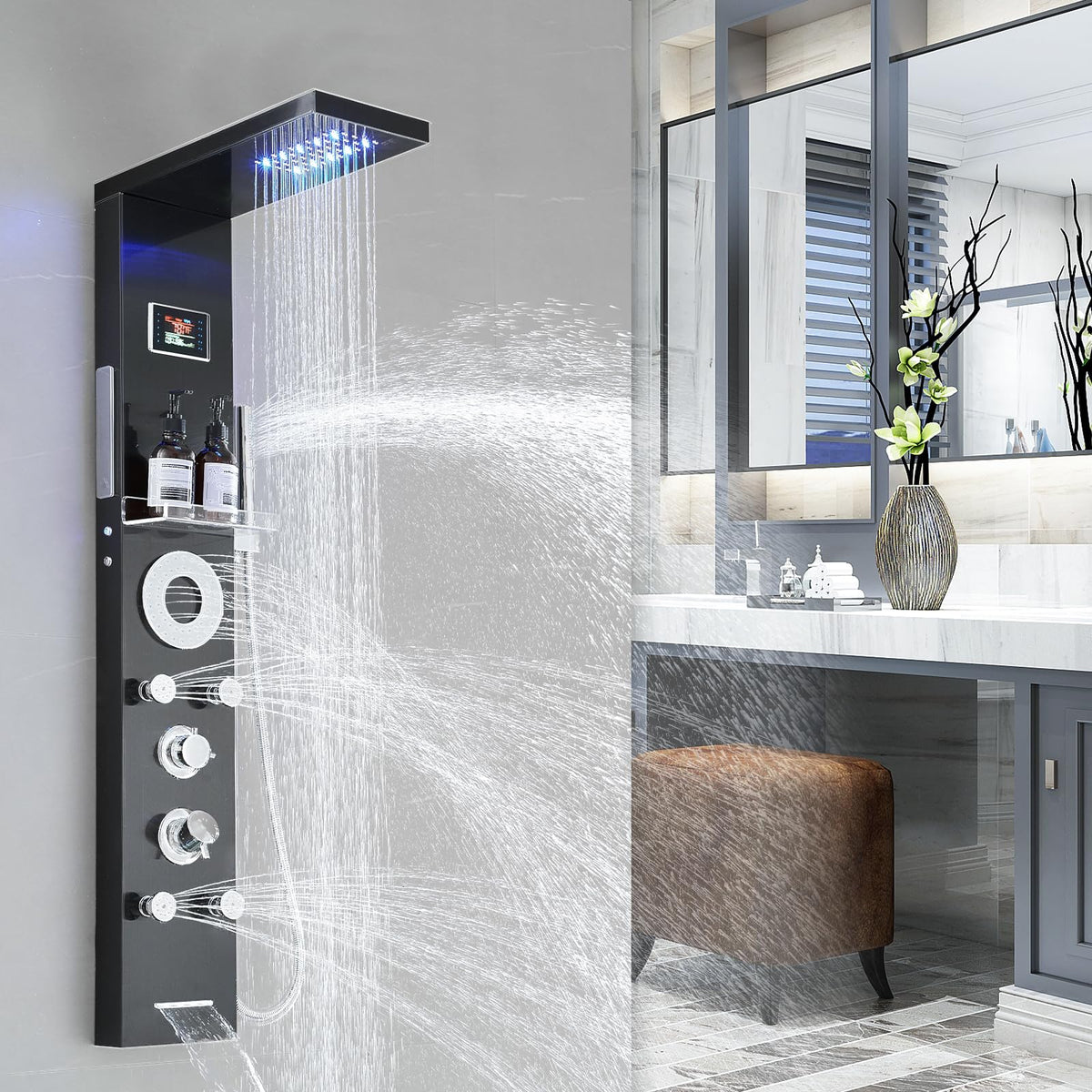 RUMOSE matte black panel front view for a spa-like upgrade in your bathroom.