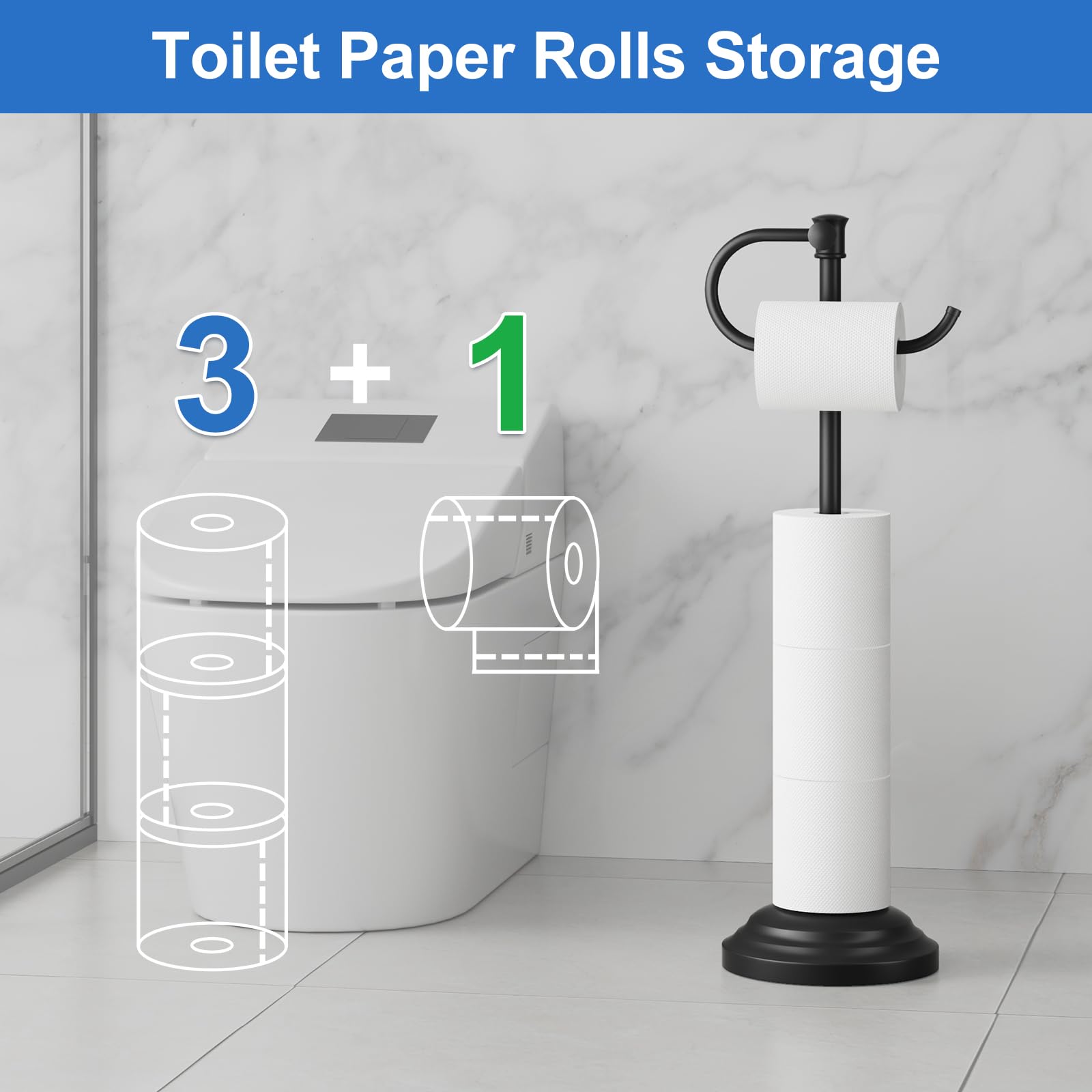 RUMOSE toilet paper holder stand easy install with quick base attachment.