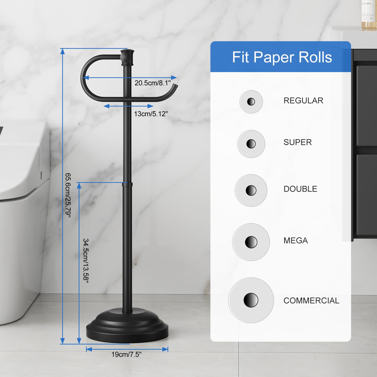 RUMOSE toilet paper holder stand matte black finish adds modern style.