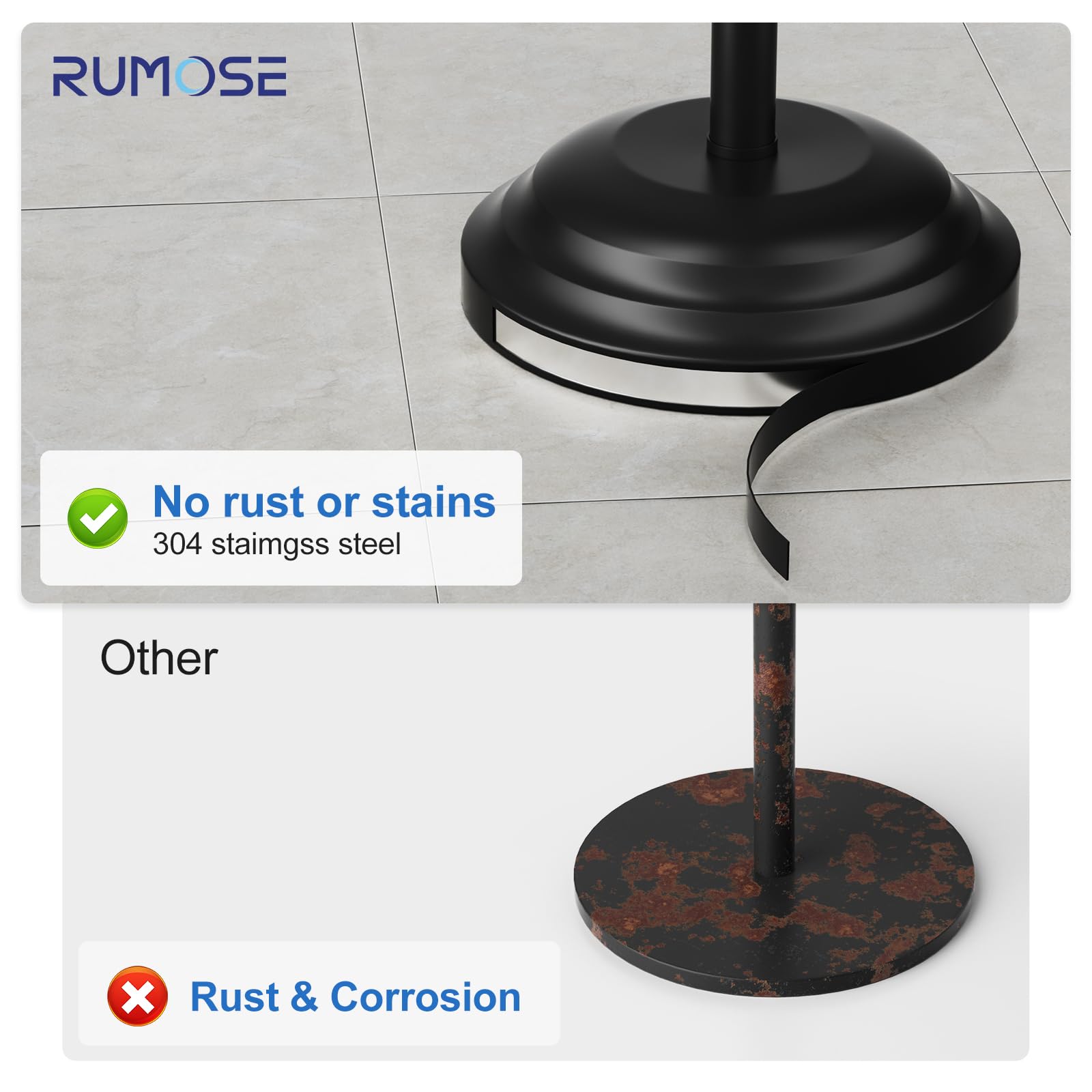 RUMOSE toilet paper holder stand SUS304 stainless steel resists humidity.