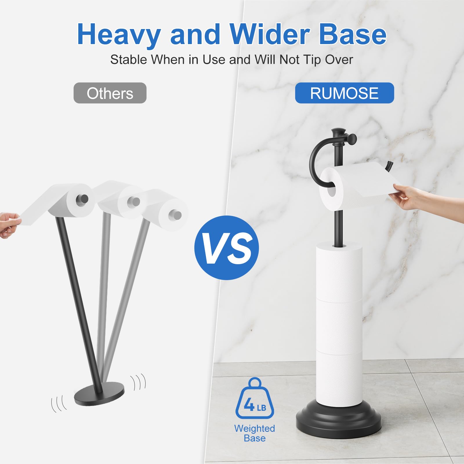 RUMOSE toilet paper holder stand tilt-head for easy tearing and angle control.