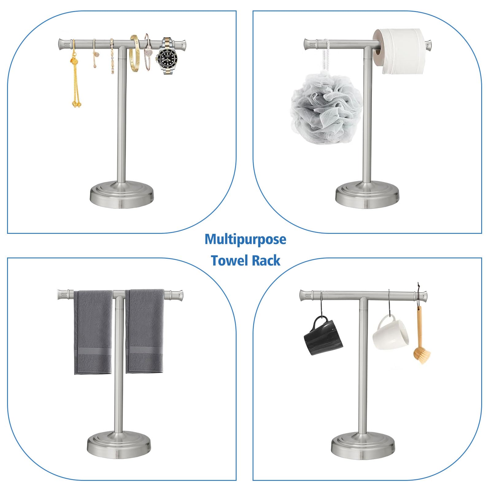 RUMOSE towel stand base and hardware included for quick no-drill setup.