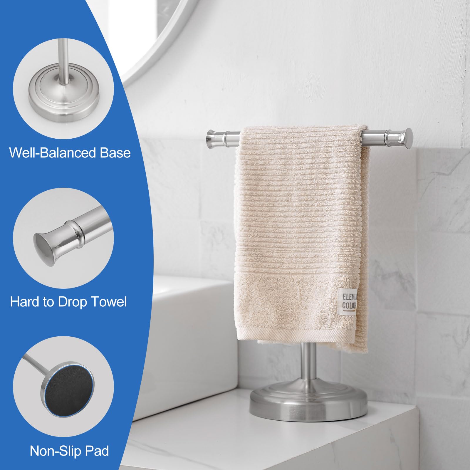 RUMOSE towel stand holding two towels, demonstrating storage capacity.