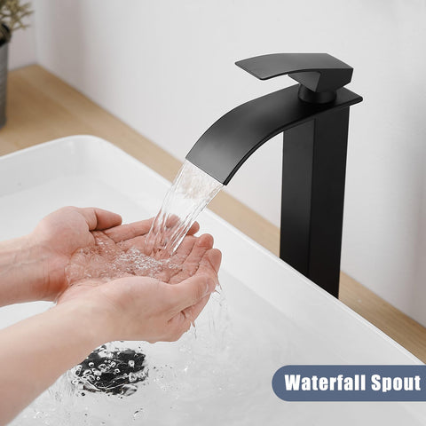 RUMOSE vessel sink faucet with pop-up drain ready for clean vanity
