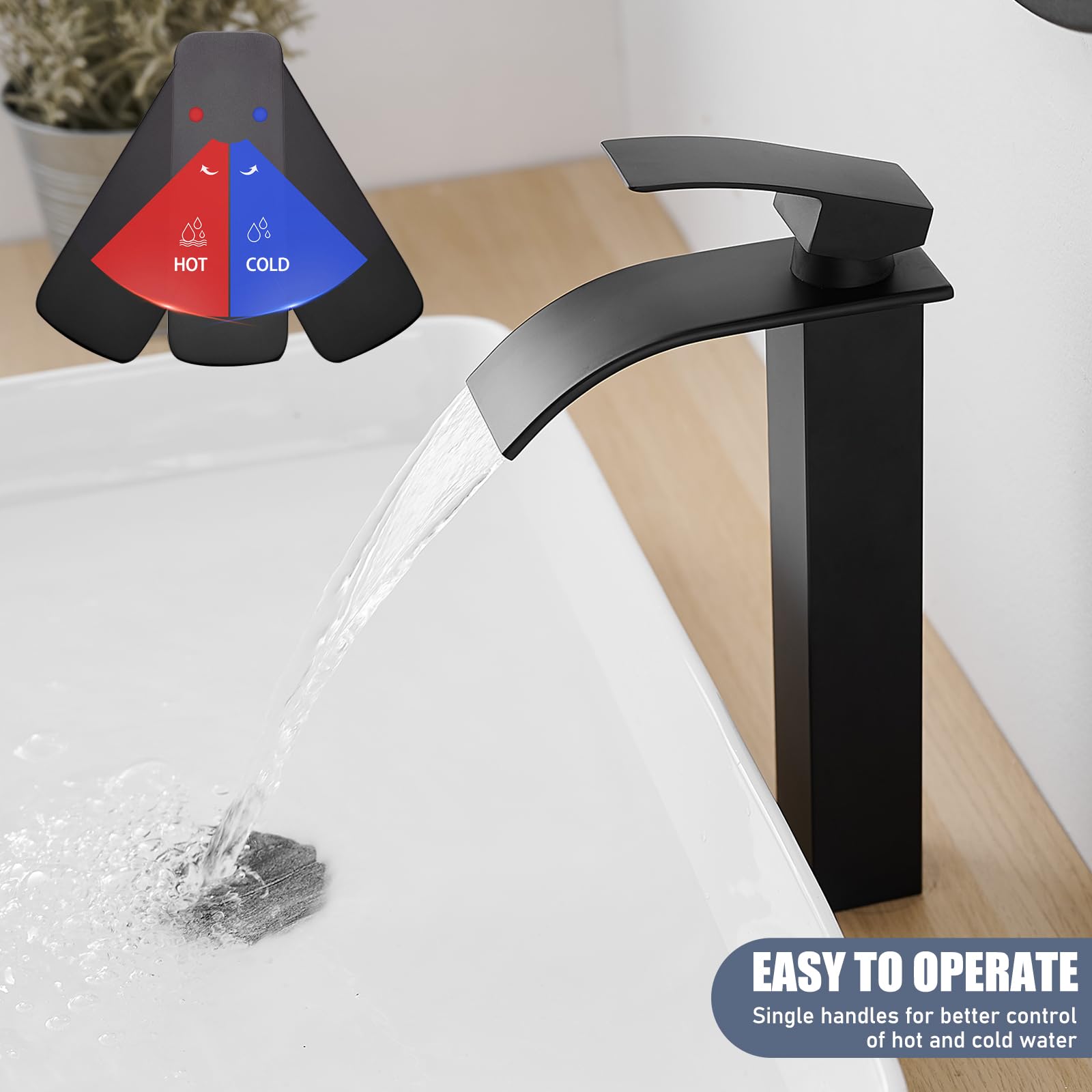 RUMOSE waterfall spout provides broad, gentle water flow