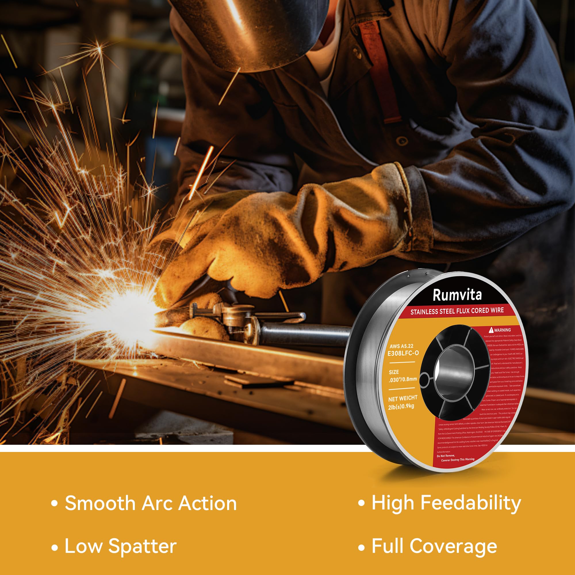Rumvita E308LFC-O spool close-up highlighting flux-core wire for clean welds.