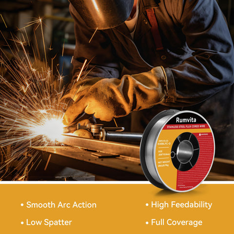 Rumvita E308LFC-O spool close-up highlighting flux-core wire for clean welds.
