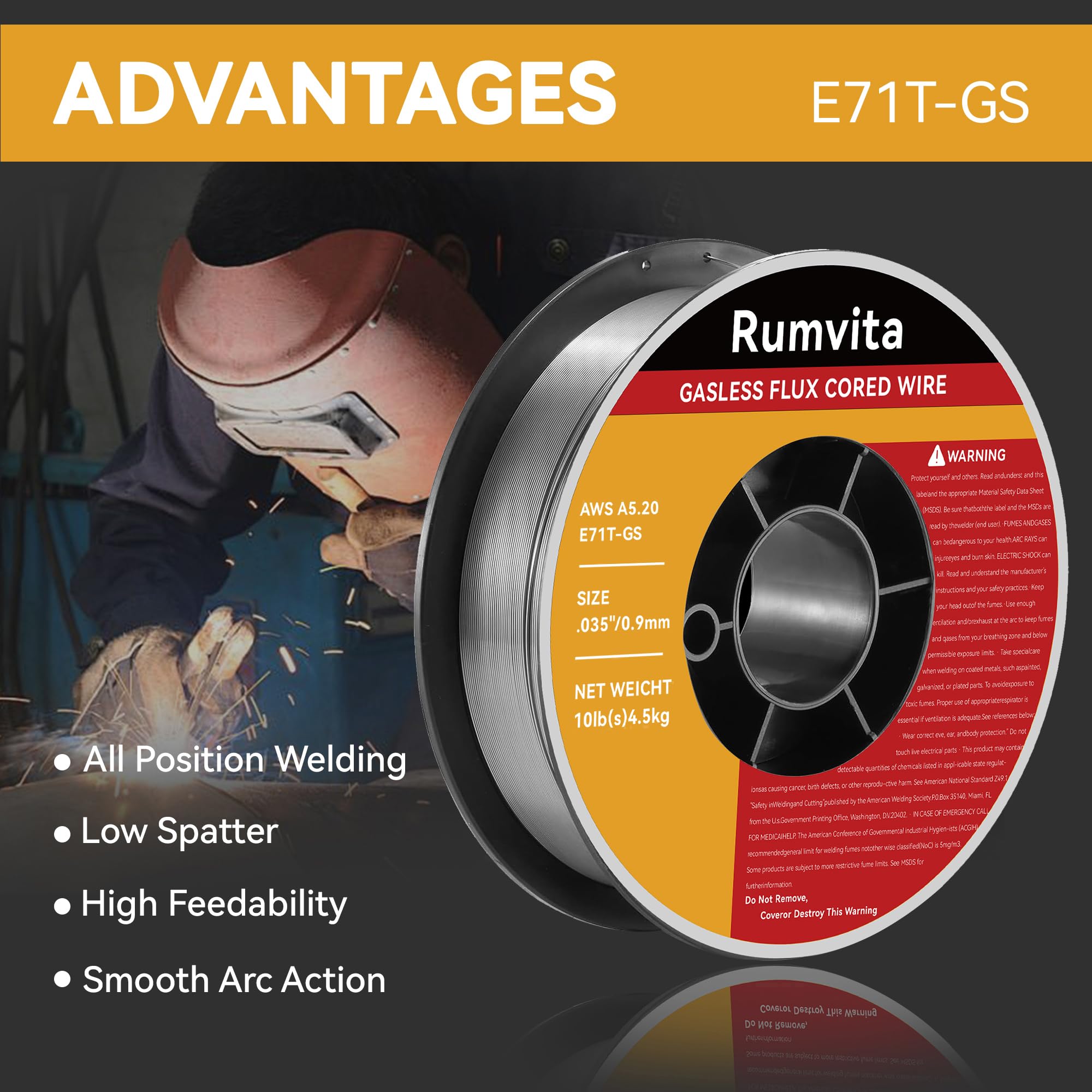 Rumvita self-shielded welding wire with low splatter for cleaner welds.