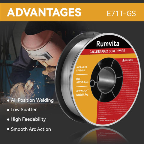 Rumvita self-shielded welding wire with low splatter for cleaner welds.