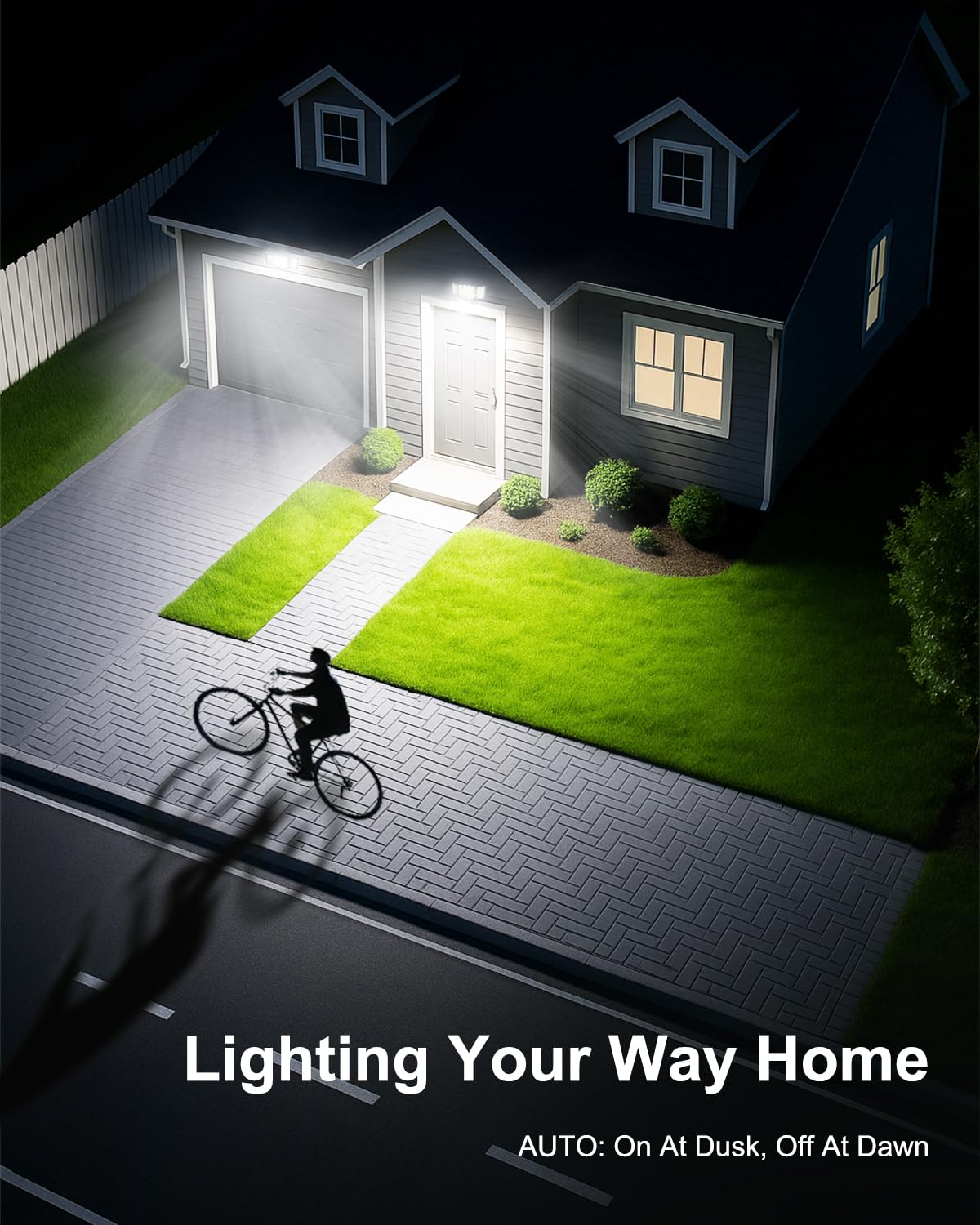 RUNBARRY dusk-to-dawn mode demonstrates energy-saving, consistent exterior lighting from sunset onward.